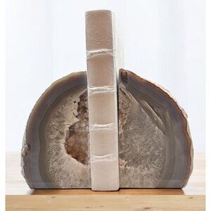 Agate Bookends Crystal Geode Center Natural Stone Book End Bookshelf Decor (FQ)